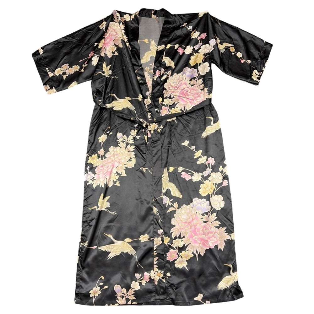 KIM + ONO Robe Womens OS Black Crane Floral Satin Long Kimono Loungewear Luxury